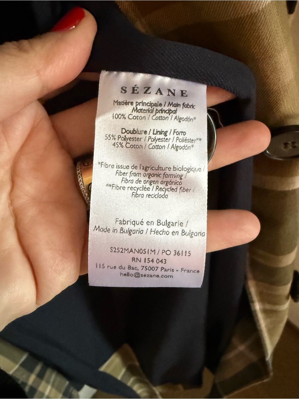 Sezane Clyde Plaid Long Trench Coat in Beige and Moss Green Checks, size 34. - Picture 8 of 10